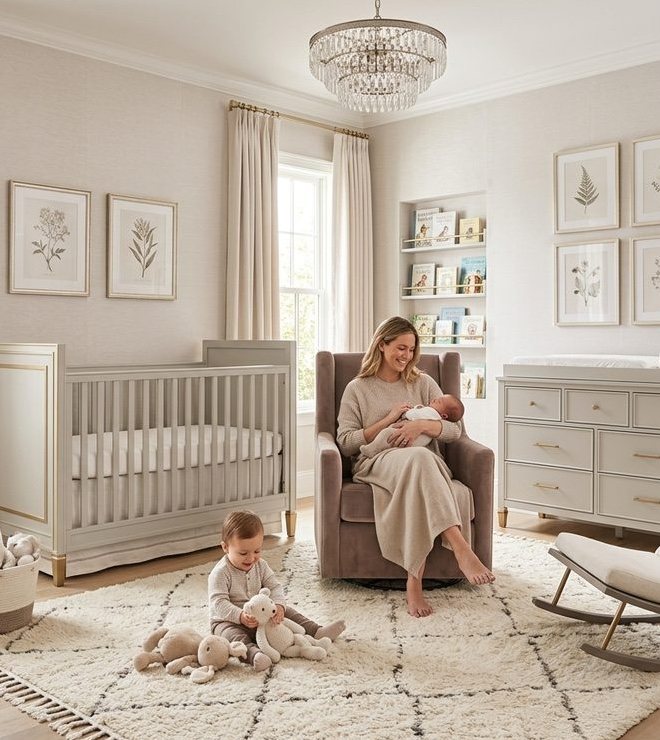Luxe Nanny Co founder with newborn in a serene nursery