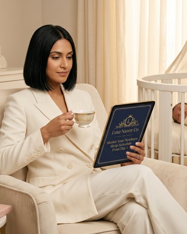 Elegant woman reading the Luxe Nanny Co newborn sleep guide beside a sleeping baby in a luxury nursery