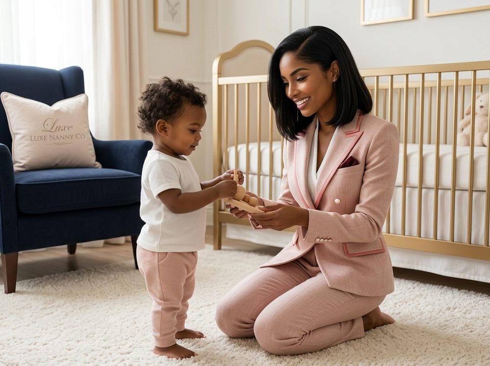 Luxe Nanny Co founder with a child in a beautifully styled nursery